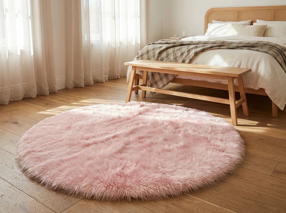 Tapis rond chambre moelleux rose pâle au pied du lit, devant un banc en bois clair