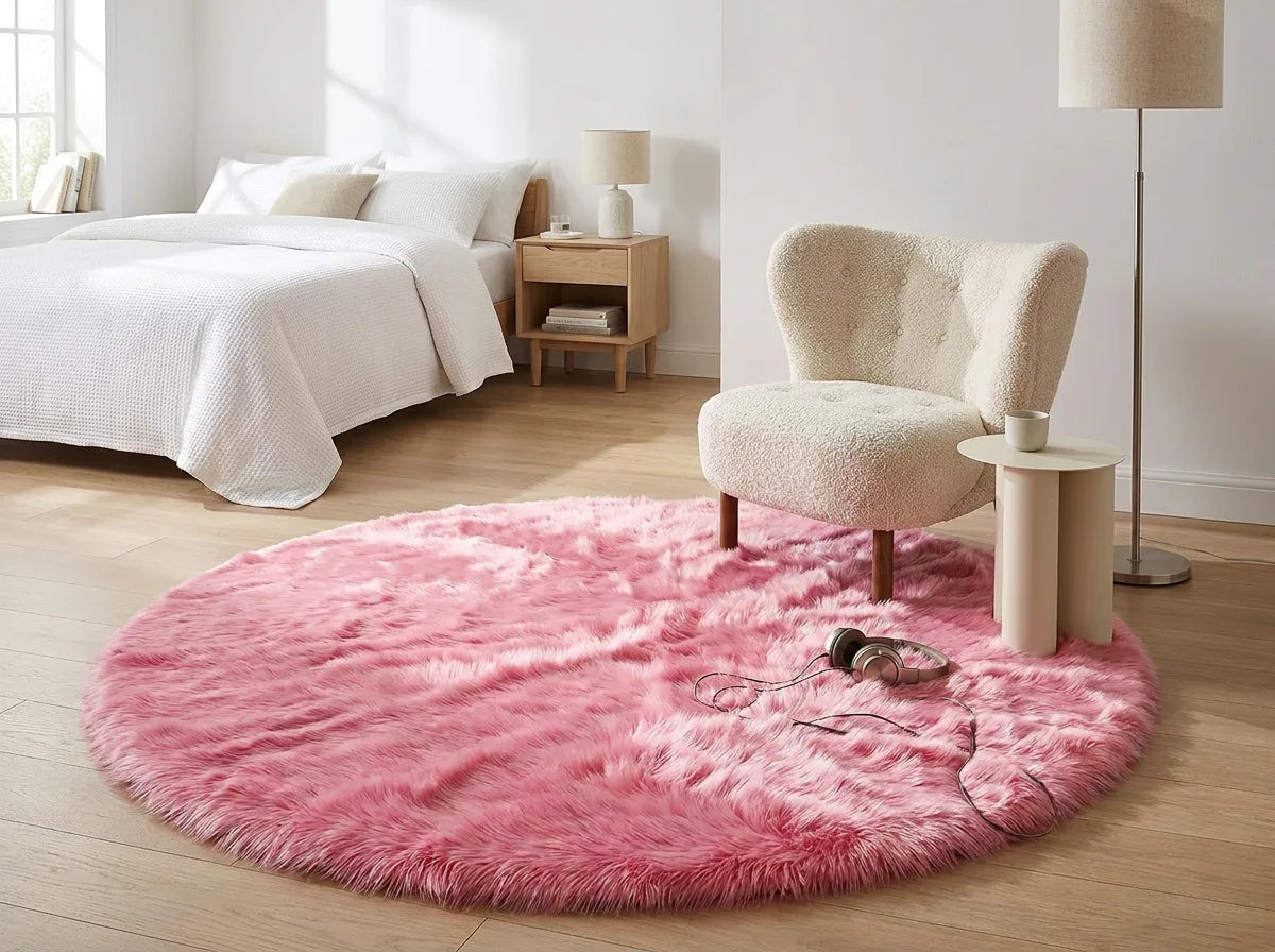 Tapis rond chambre moelleux rose sous un fauteuil dans un coin lecture de la chambre