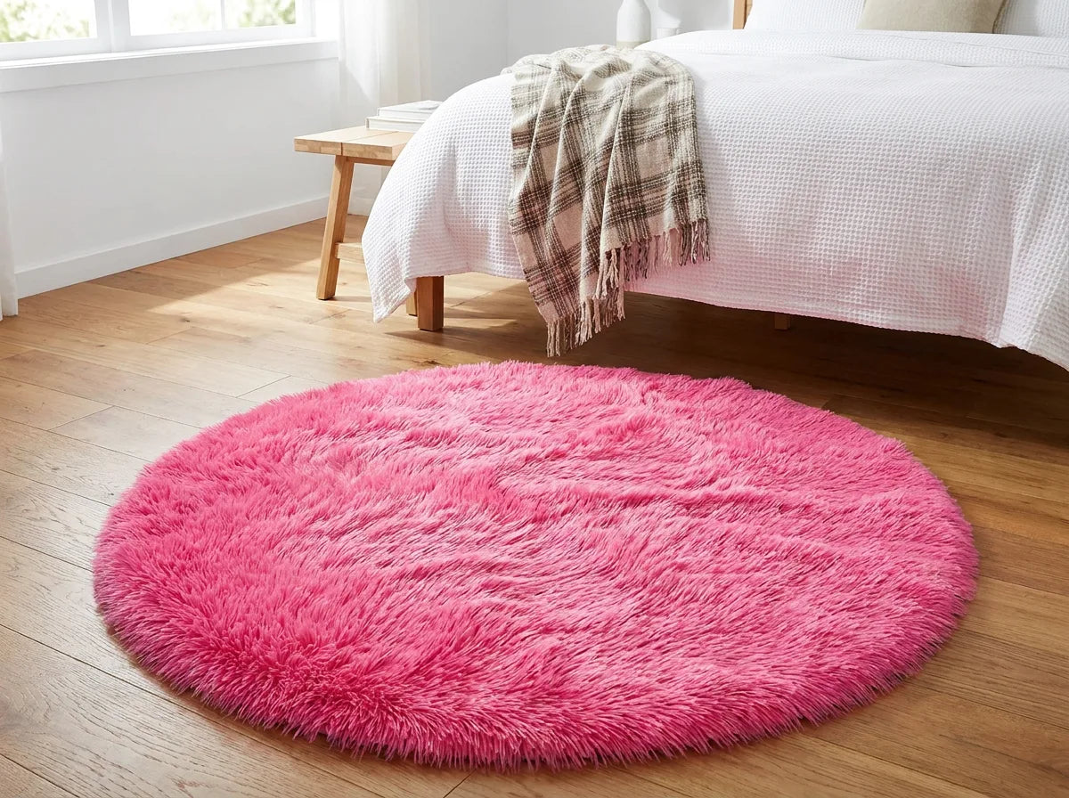 Tapis rond chambre moelleux rose au pied du lit, devant un banc en bois clair