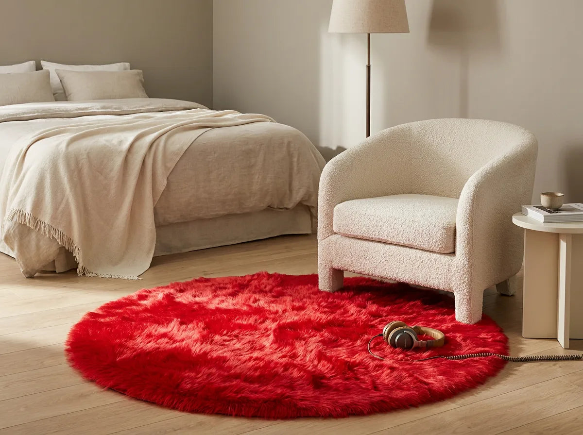 Tapis rond chambre moelleux rouge sous un fauteuil dans un coin lecture de la chambre