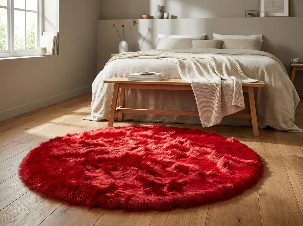 Tapis rond chambre moelleux rouge au pied du lit, devant un banc en bois clair