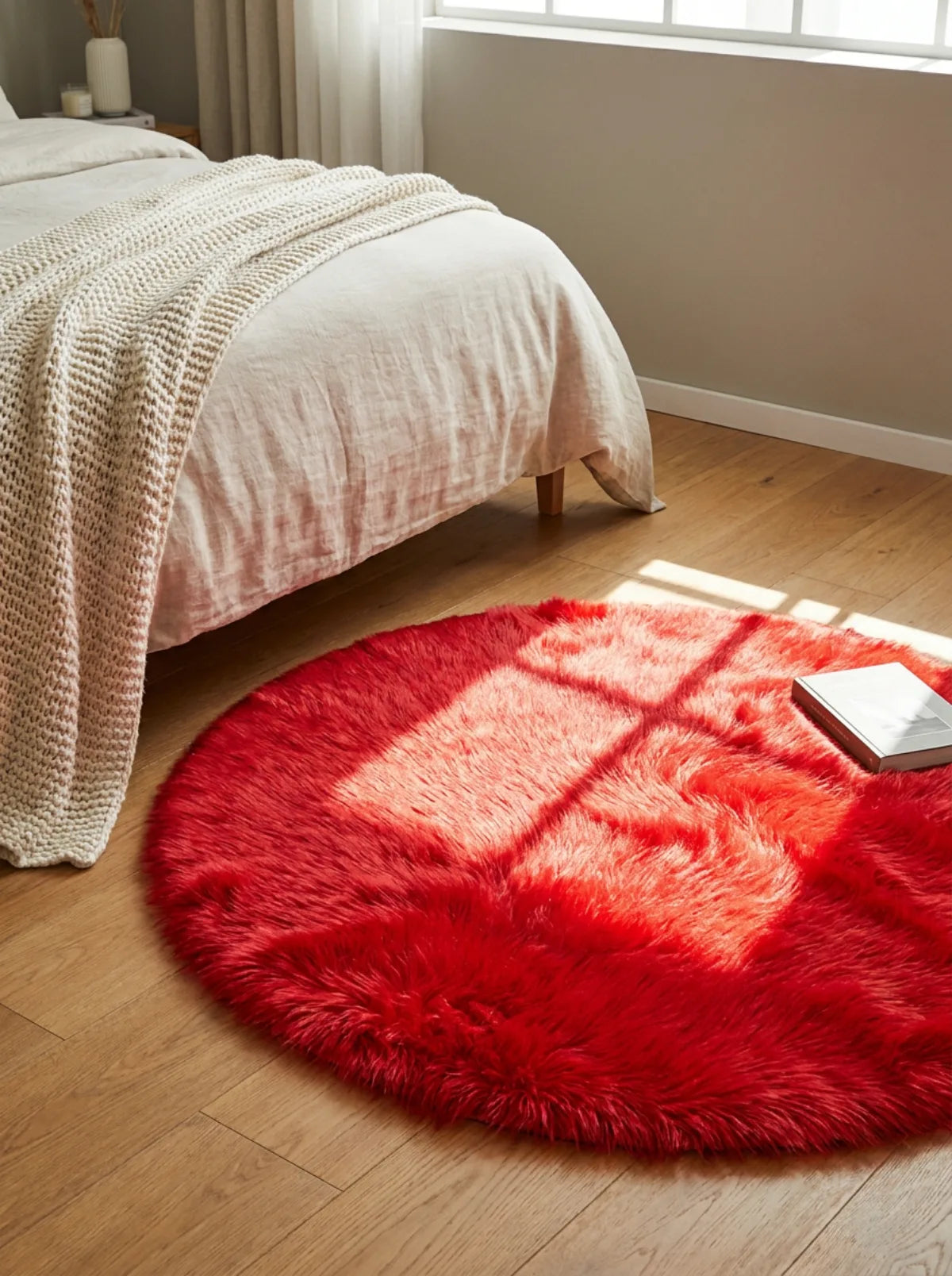 Tapis rond chambre moelleux rouge en descente de lit dans une chambre aux tons neutres