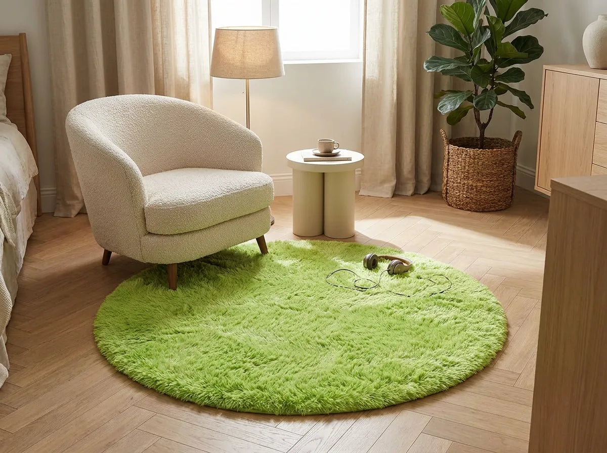 Tapis rond chambre moelleux vert sous un fauteuil dans un coin lecture de la chambre