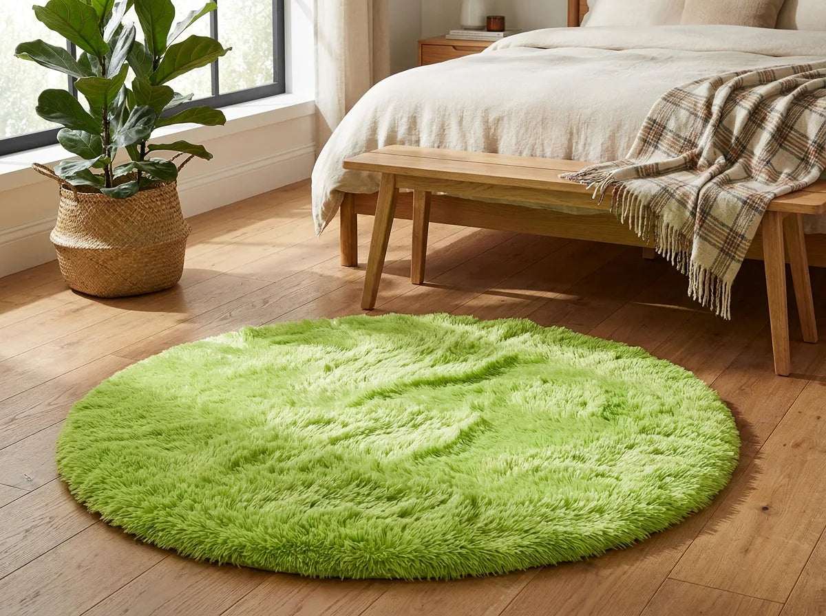 Tapis rond chambre moelleux vert au pied du lit, devant un banc en bois clair