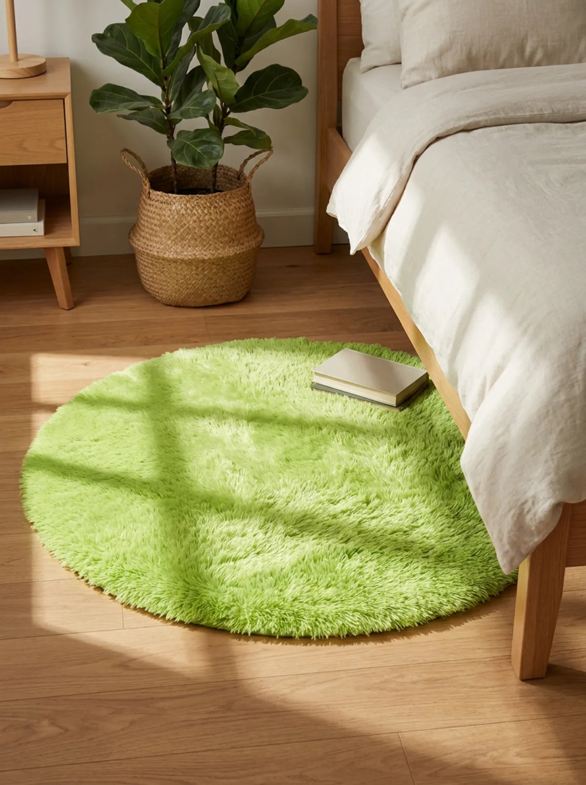 Tapis rond chambre moelleux vert en descente de lit dans une chambre avec plantes vertes