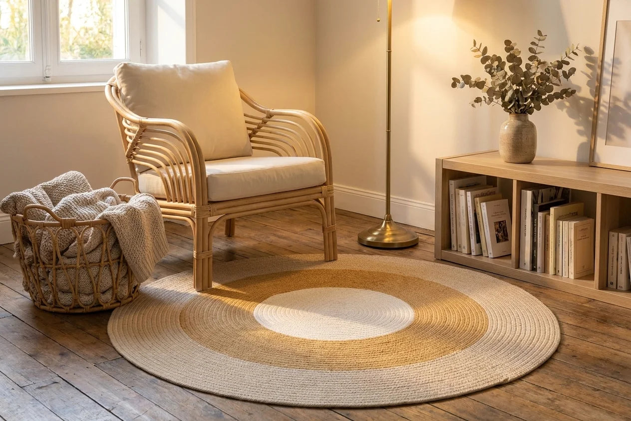 Tapis rond coton tressé concentrique dans un coin lecture, fauteuil rotin et plante