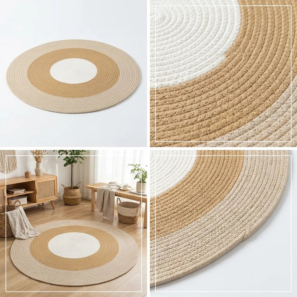Quatre vues du tapis rond coton tressé concentrique : studio, macro, scène, finition