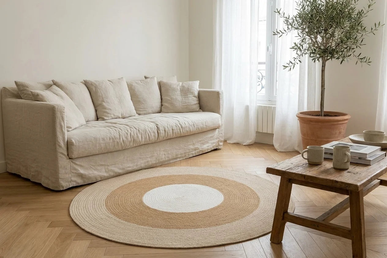 Tapis rond coton tressé concentrique dans un salon slow-living, vue trois-quarts
