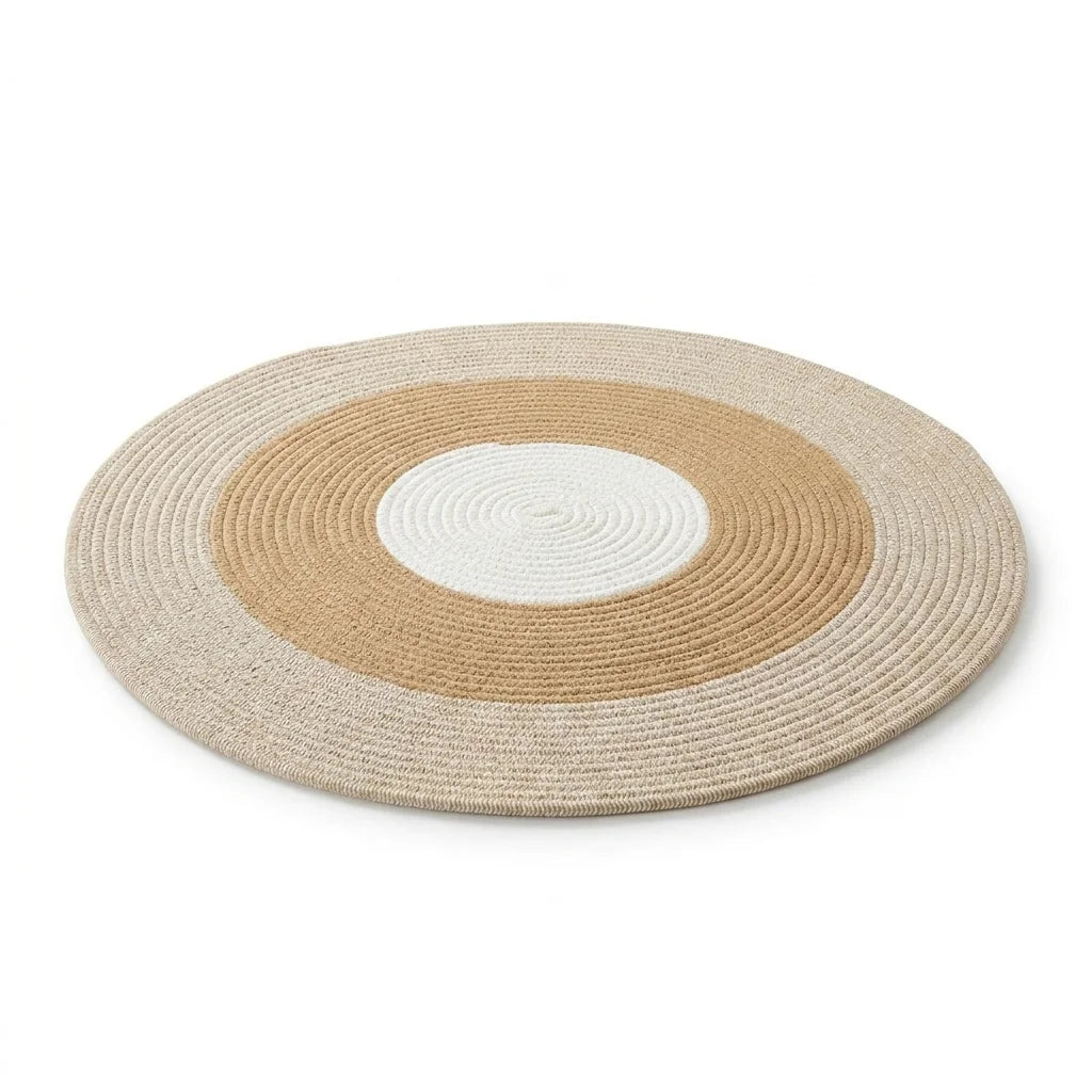 Vue studio du tapis rond coton tressé concentrique, fond blanc, tressage spirale et épaisseur visibles