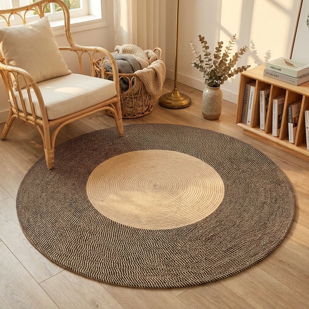 Tapis rond coton tressé couronne marron dans un coin lecture, fauteuil rotin et plante