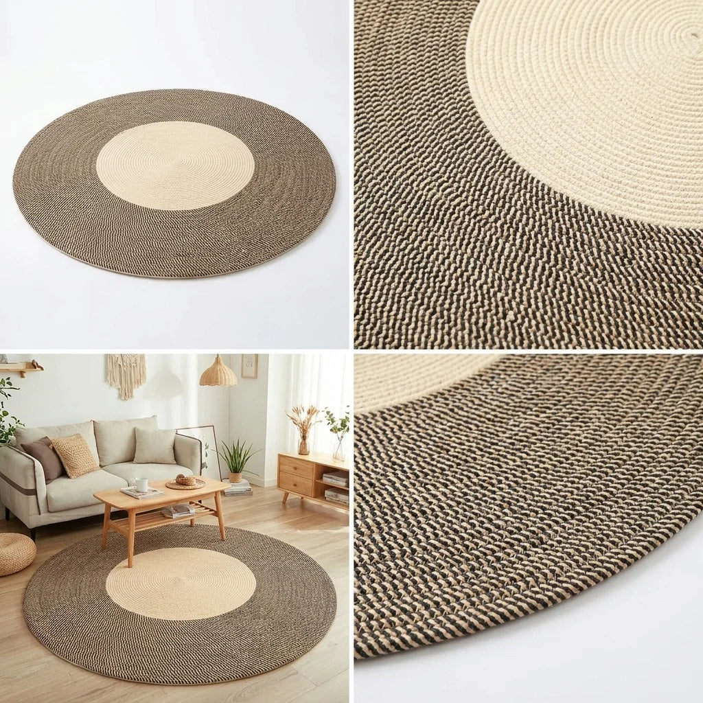 Quatre vues du tapis rond coton tressé couronne marron : studio, macro, scène, finition