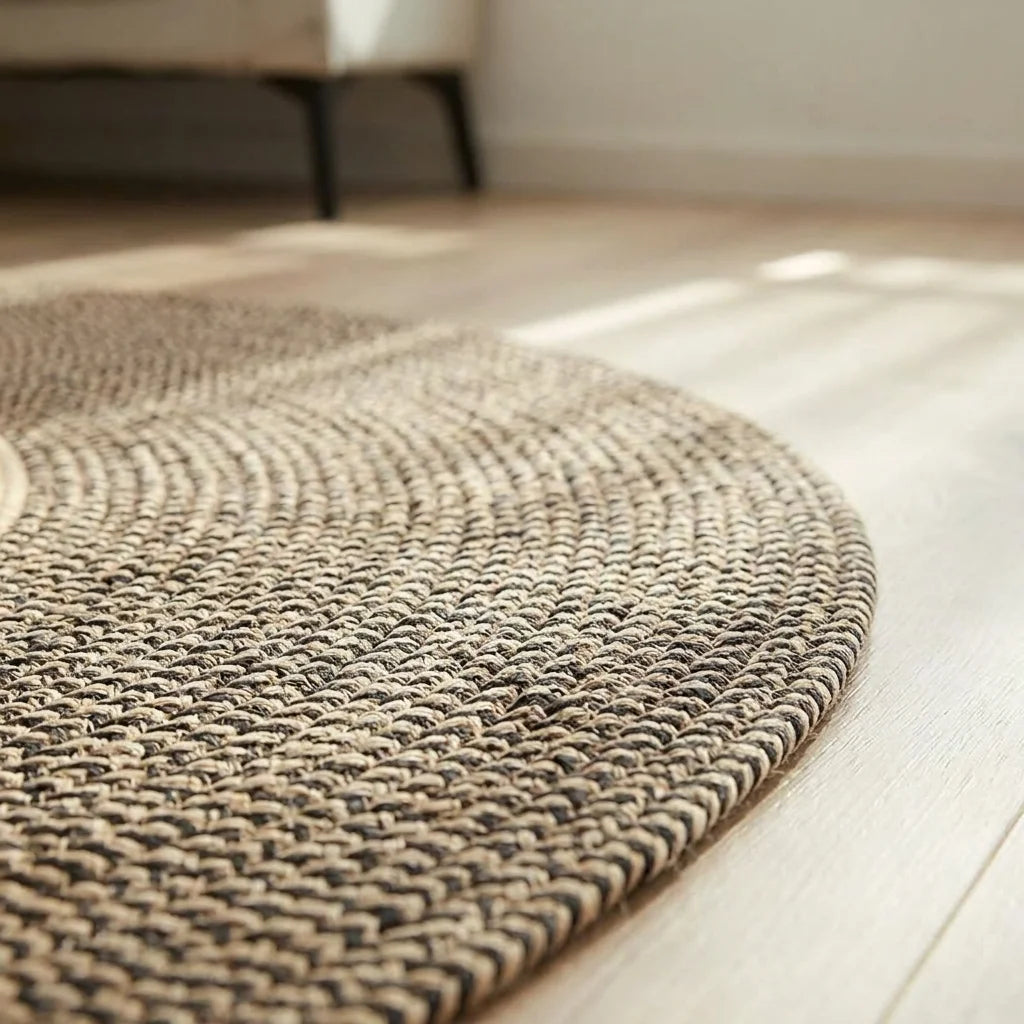 Macro du tressage spirale du tapis rond coton couronne marron