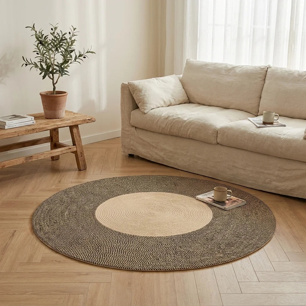 Tapis rond coton tressé couronne marron dans un salon slow-living, vue trois-quarts