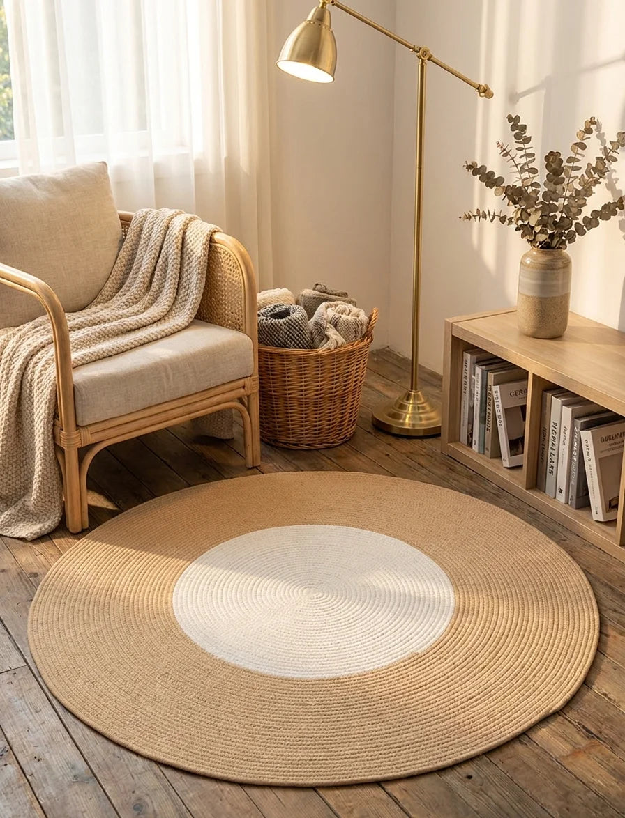 Tapis rond coton tressé écru bicolore dans un coin lecture, fauteuil rotin et plante