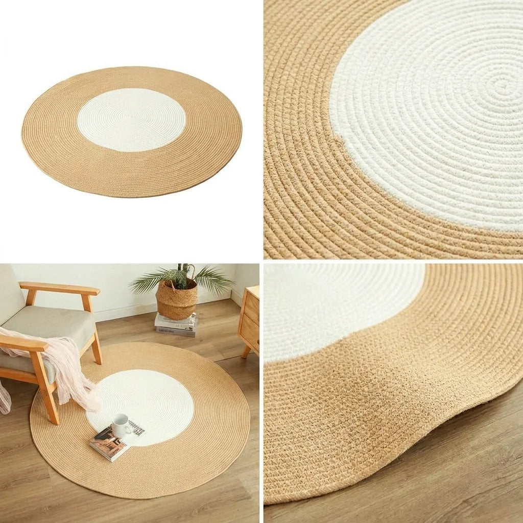 Quatre vues du tapis rond coton tressé écru bicolore : studio, macro, scène, finition