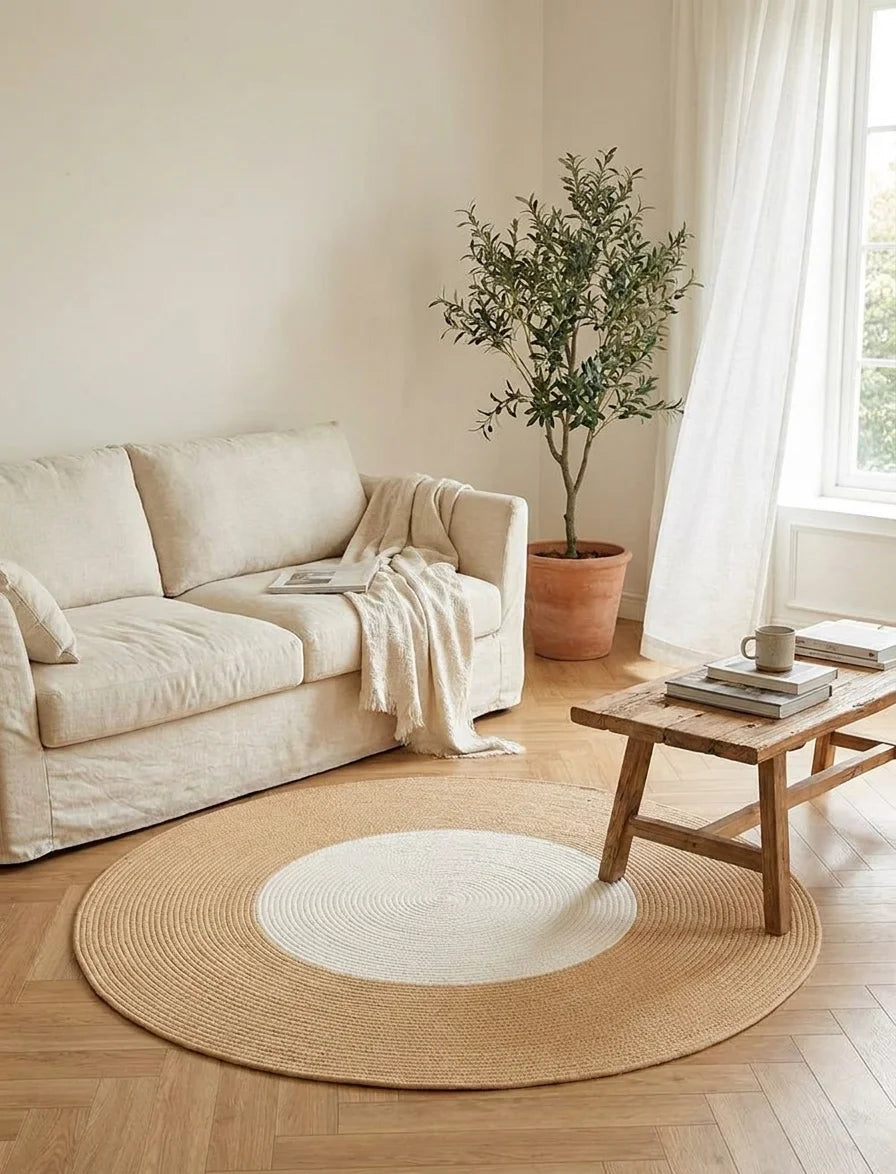 Tapis rond coton tressé écru bicolore dans un salon slow-living, vue trois-quarts