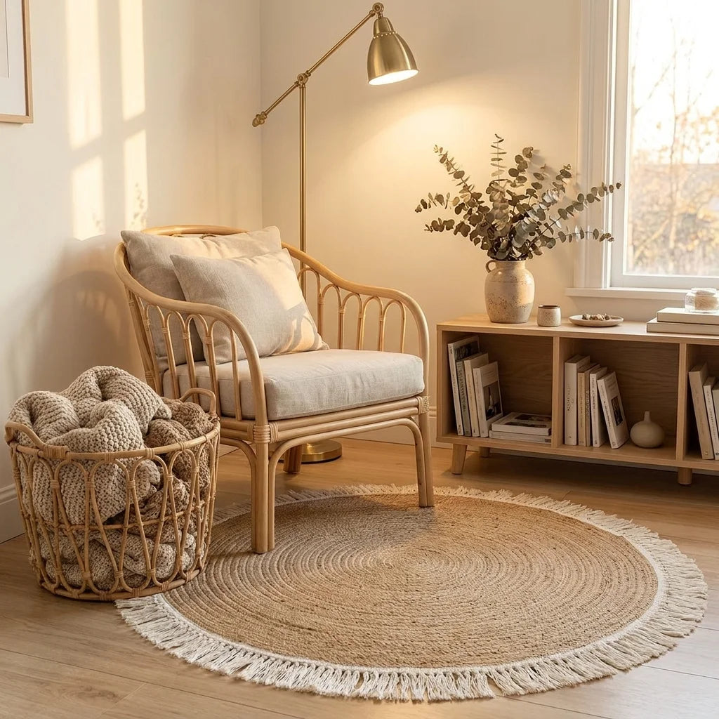 Tapis rond coton tressé écru à pompons dans un coin lecture, fauteuil rotin et plante