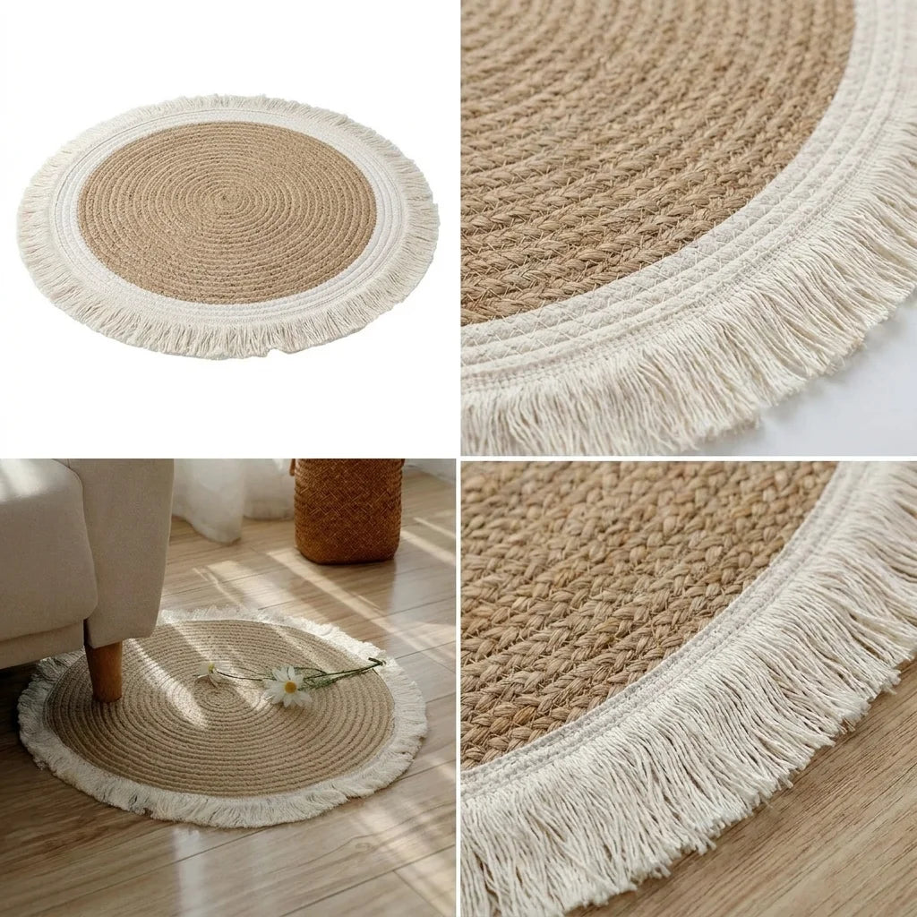 Quatre vues du tapis rond coton tressé écru à pompons : studio, macro, scène, finition