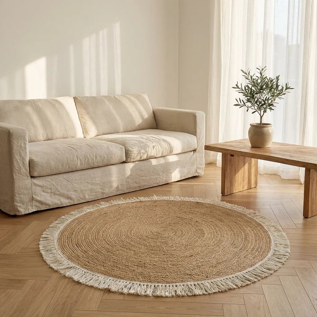 Tapis rond coton tressé écru à pompons dans un salon slow-living, vue trois-quarts