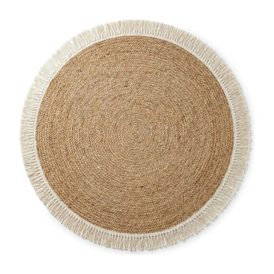 Tapis rond coton tressé écru à pompons