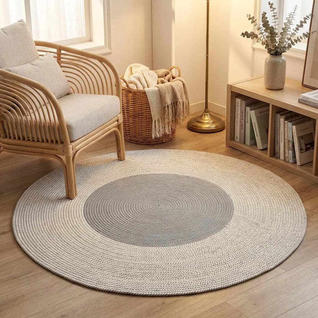 Tapis rond coton tressé gris clair dans un coin lecture, fauteuil rotin et plante