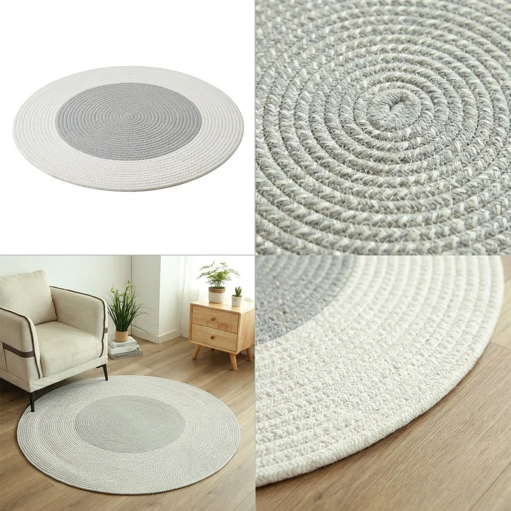 Quatre vues du tapis rond coton tressé gris clair : studio, macro, scène, finition