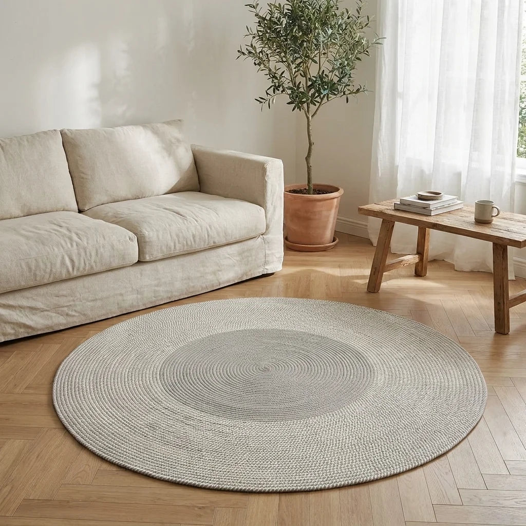 Tapis rond coton tressé gris clair dans un salon slow-living, vue trois-quarts