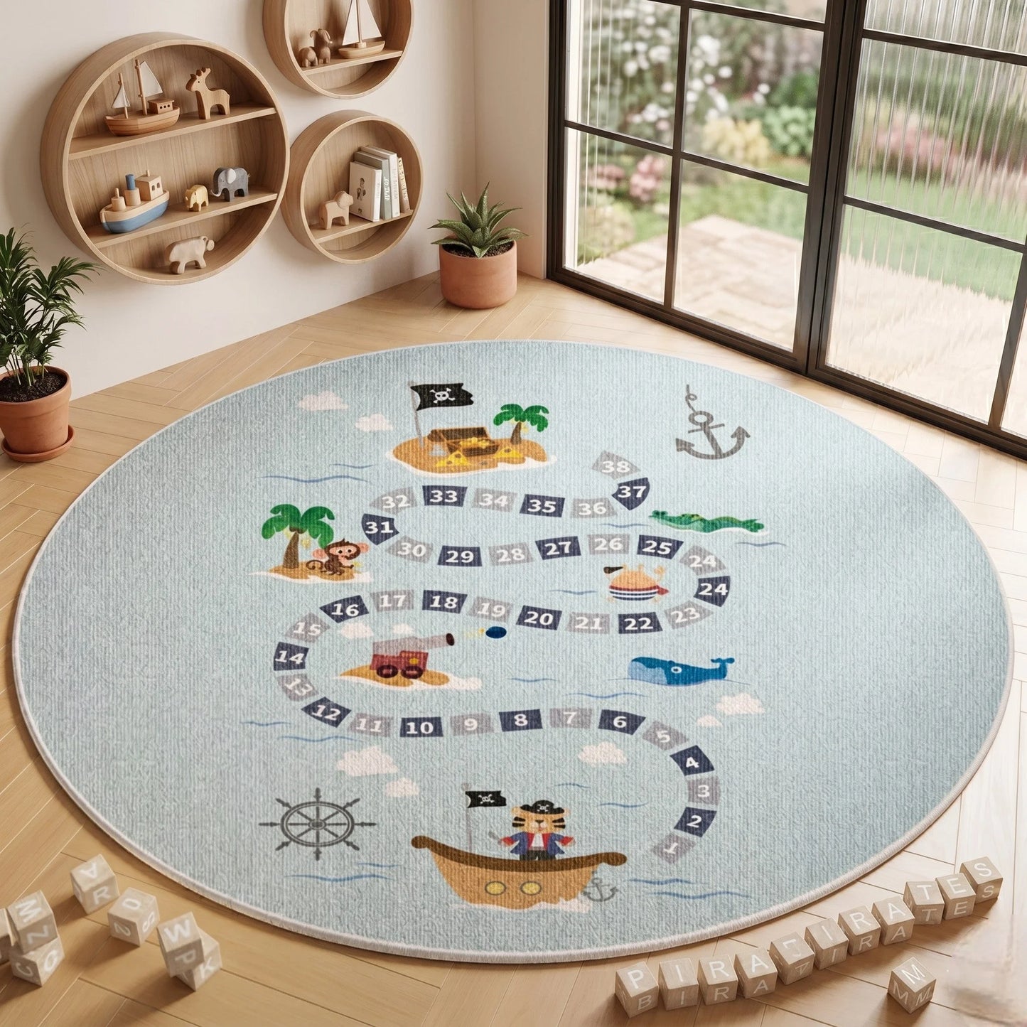 Tapis rond enfant aventure pirate bleu dans une chambre avec étagères rondes en bois clair et petits bateaux en bois
