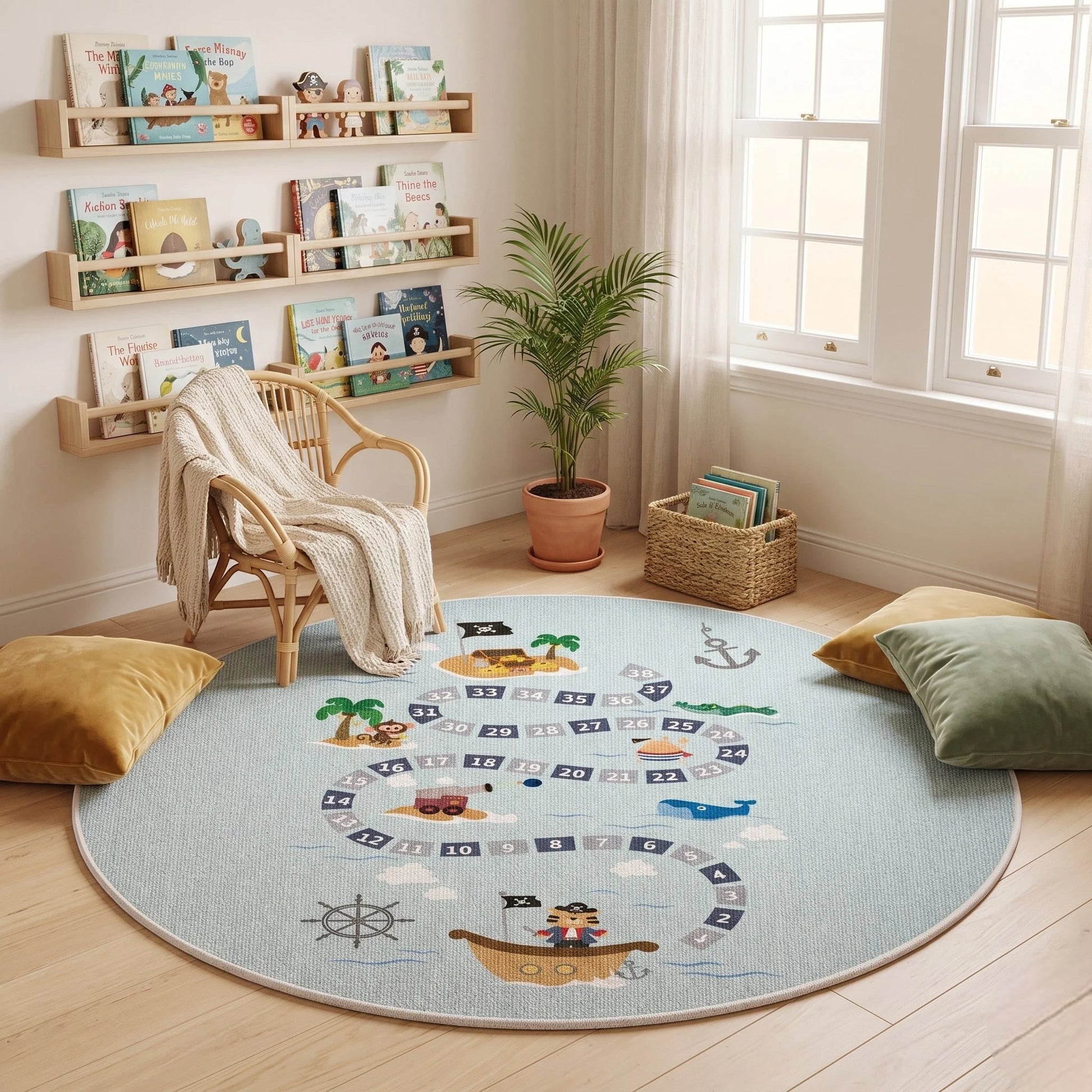 Tapis rond enfant aventure pirate bleu dans un coin lecture avec fauteuil rotin tressé, étagères de livres et coussins