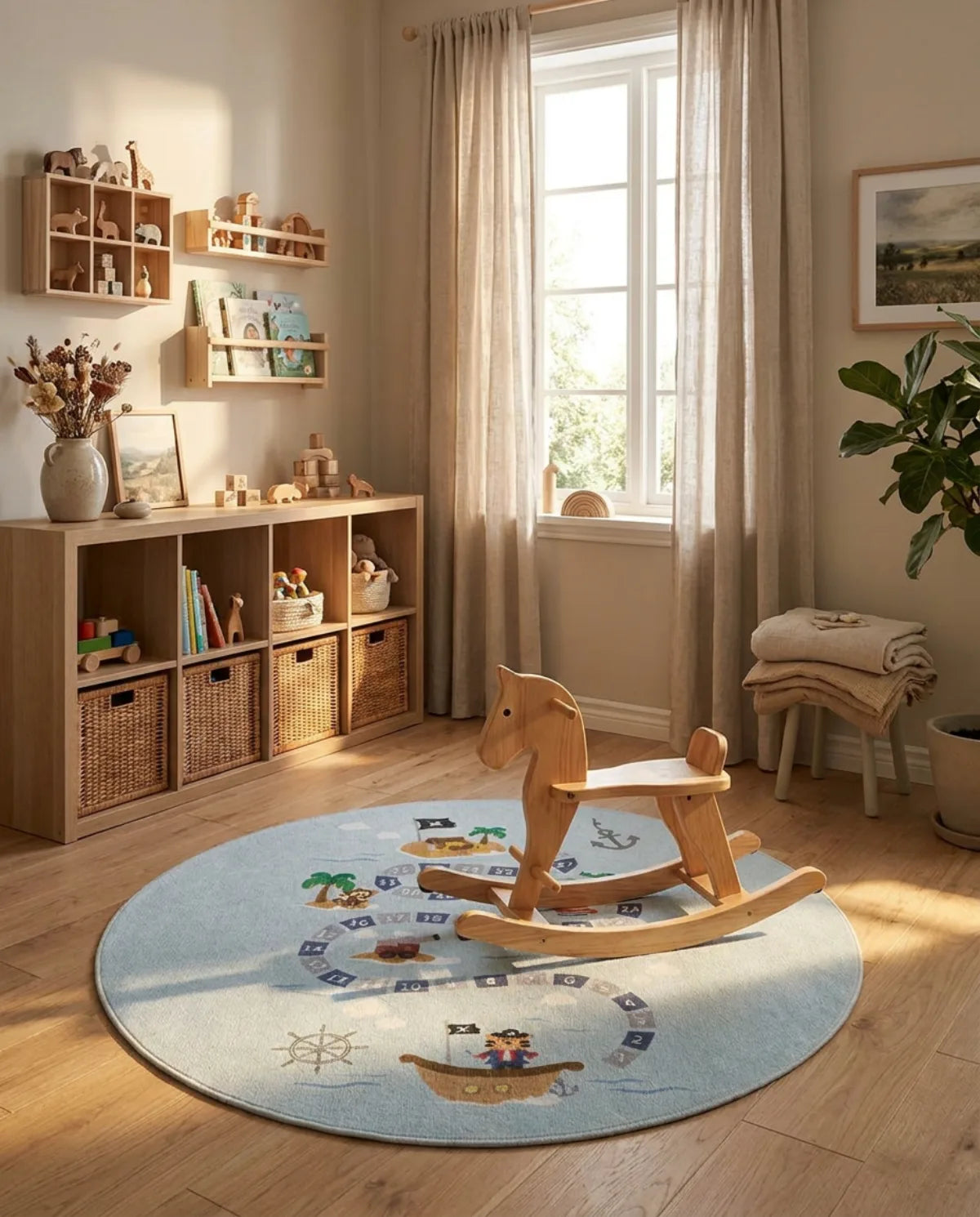 Tapis rond enfant aventure pirate bleu dans une chambre d'enfant, cheval à bascule posé dessus