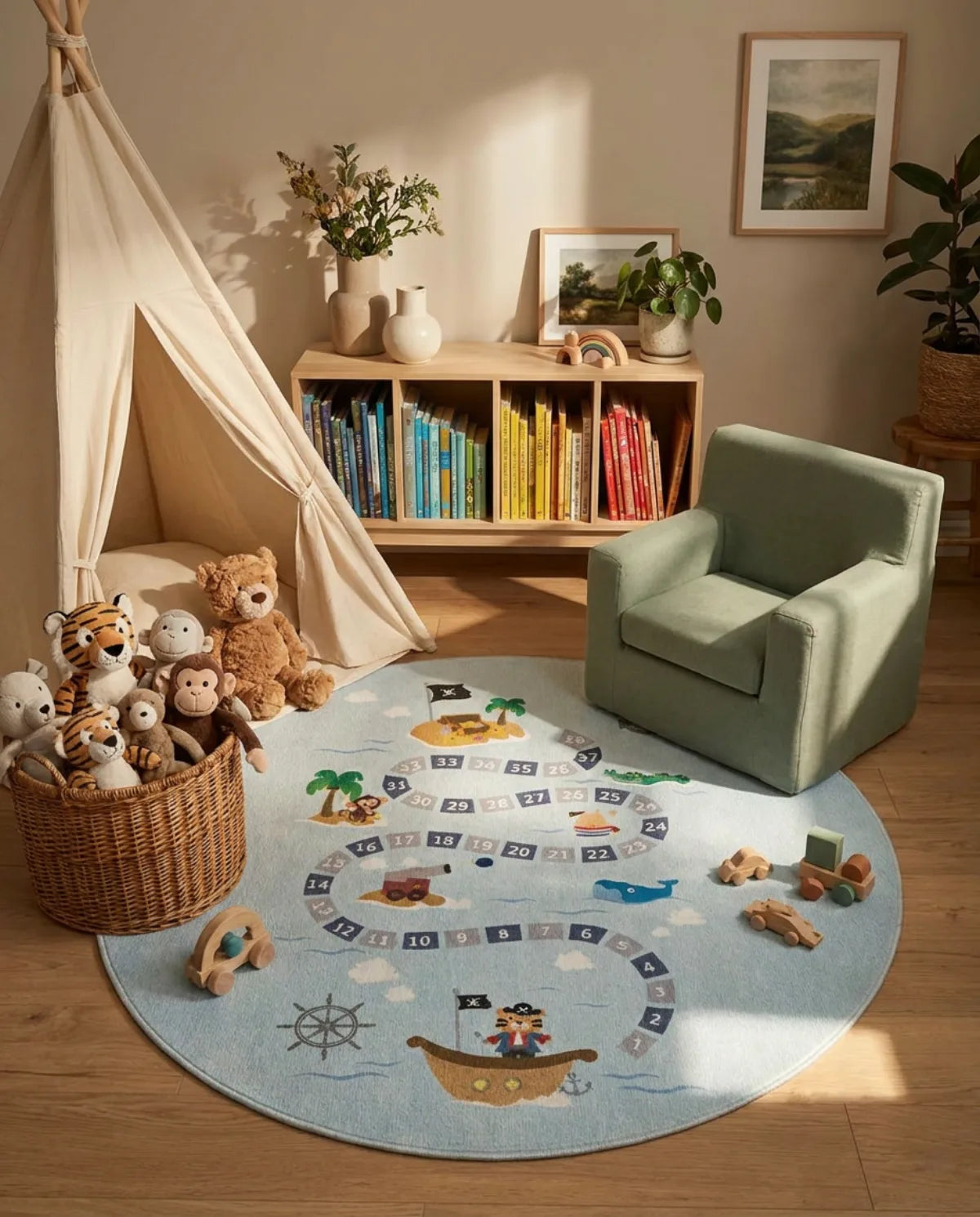 Tapis rond enfant aventure pirate bleu dans un coin lecture avec tipi et fauteuil enfant