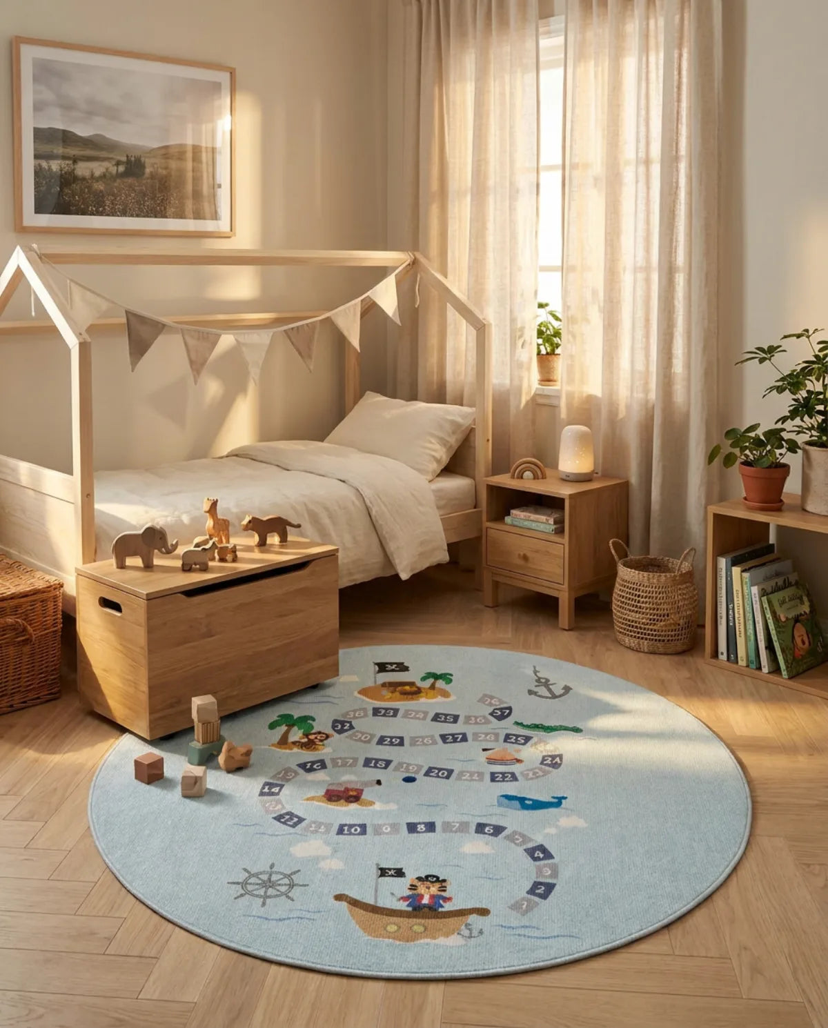 Tapis rond enfant aventure pirate bleu au pied d'un lit cabane, coffre à jouets posé dessus
