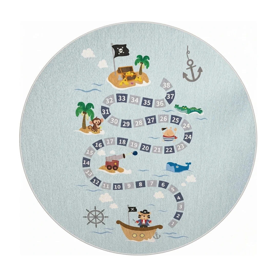 tapis-rond-enfant-aventure-pirate-bleu, vue de dessus sur fond blanc