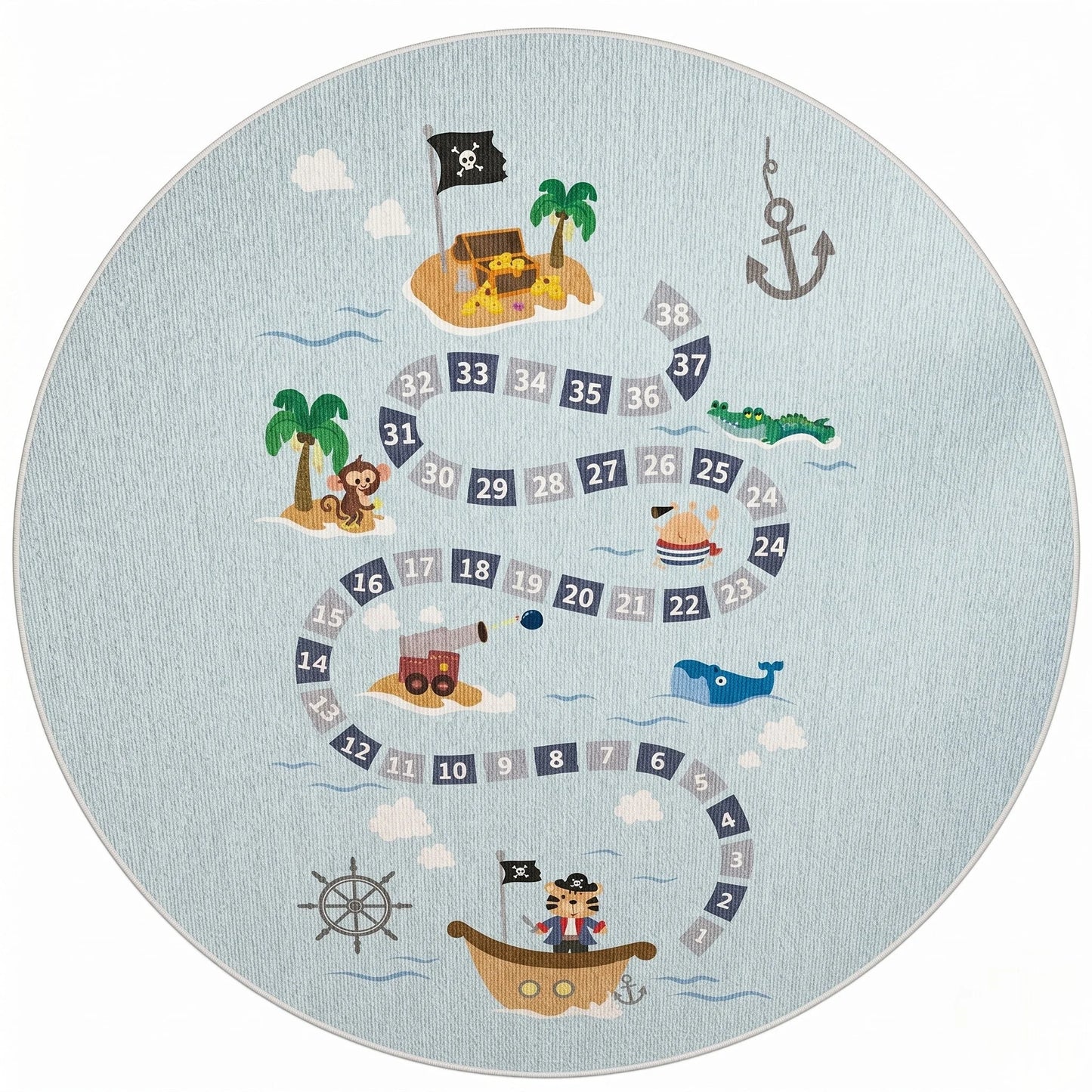Vue studio du tapis rond enfant aventure pirate bleu, parcours numéroté 1 à 38 avec île au trésor, bateau et animaux marins