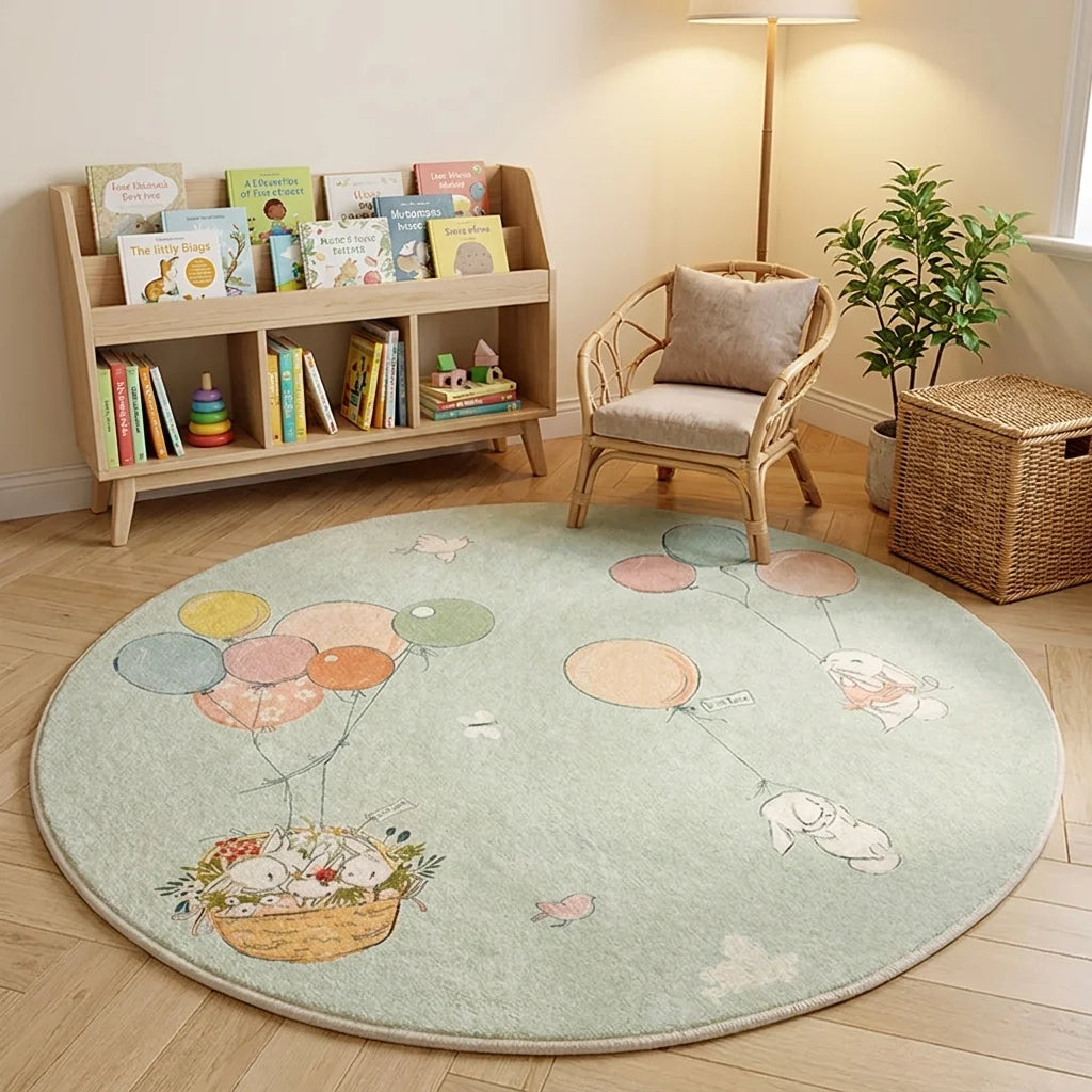 Tapis rond enfant ballons dans un coin lecture avec bibliothèque basse et fauteuil rotin