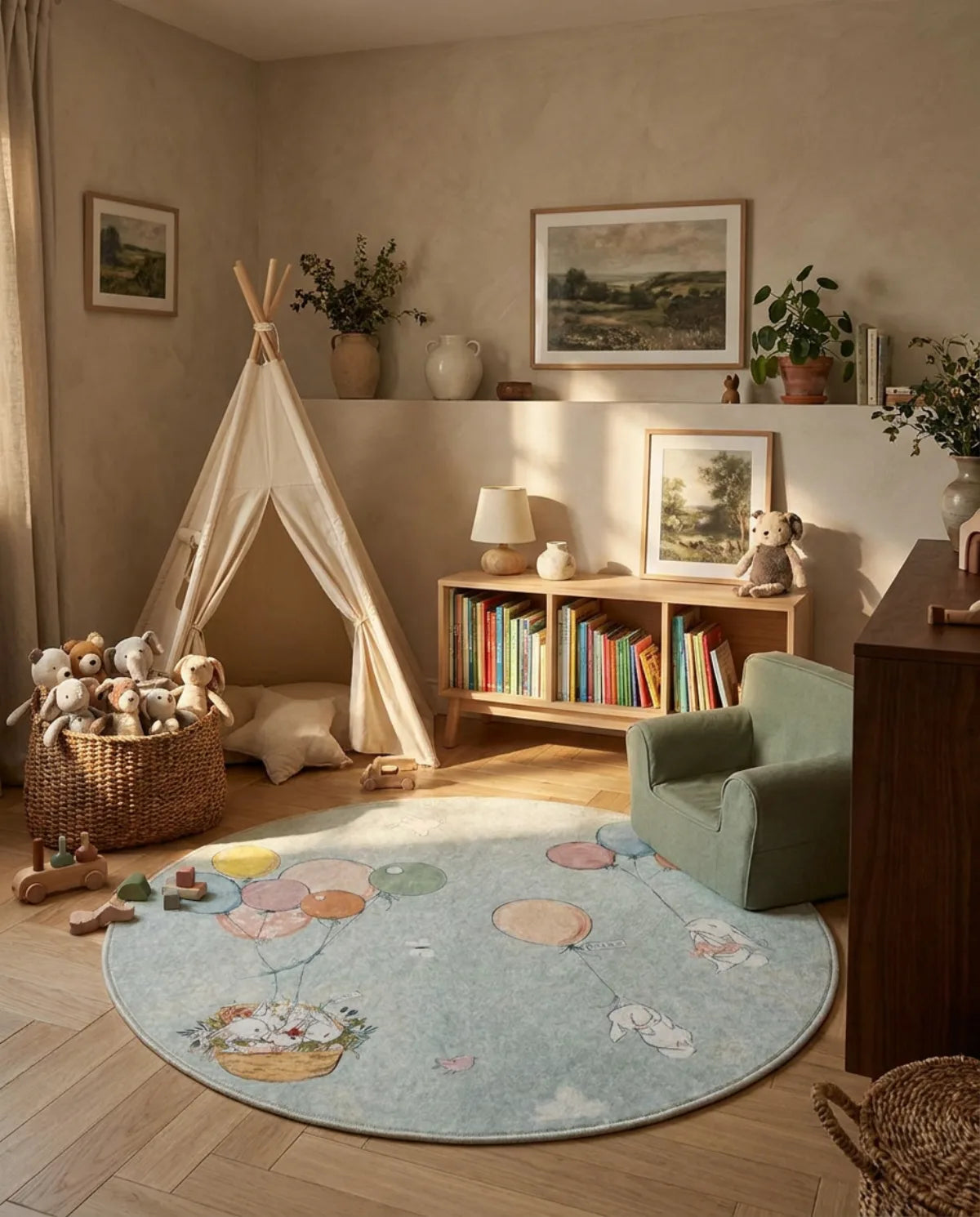 Tapis rond enfant ballons dans un coin lecture avec tipi et fauteuil enfant