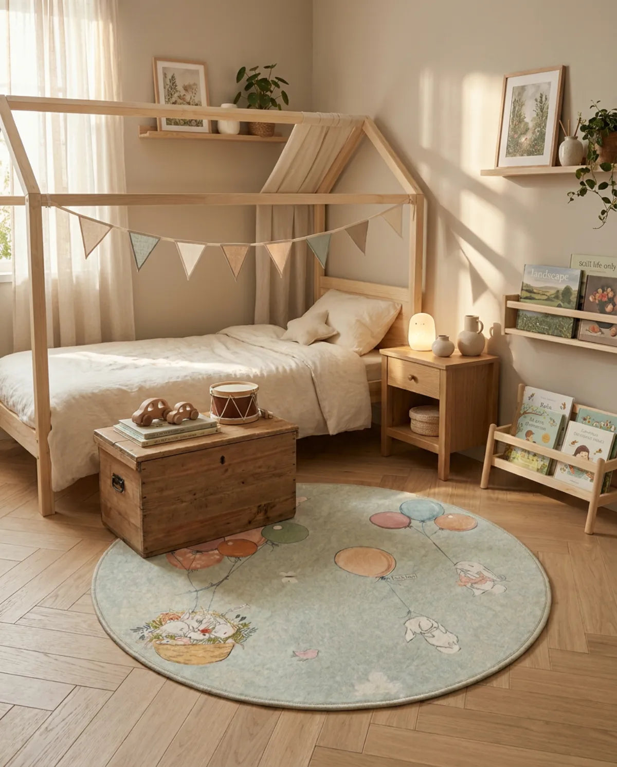 Tapis rond enfant ballons au pied d'un lit cabane, coffre à jouets posé dessus