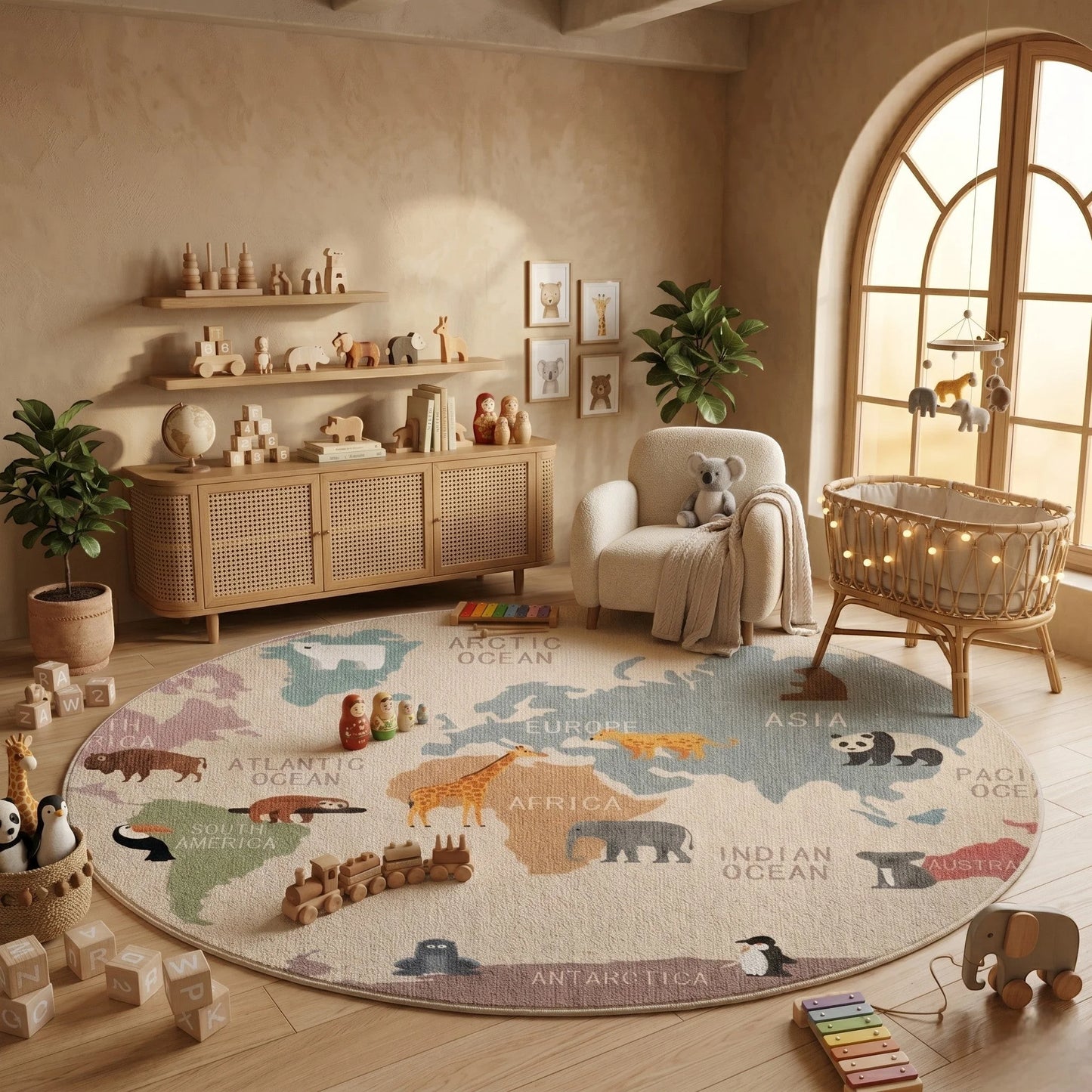 Tapis rond enfant carte du monde dans une chambre bébé avec berceau en rotin et mobile suspendu