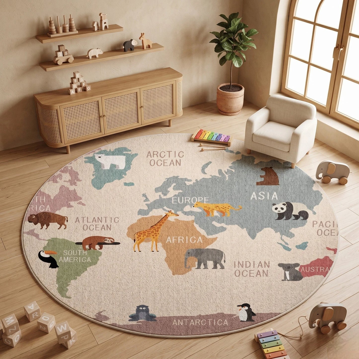 Tapis rond enfant carte du monde dans une chambre lumineuse avec étagères en bois clair et fauteuil bouclé crème