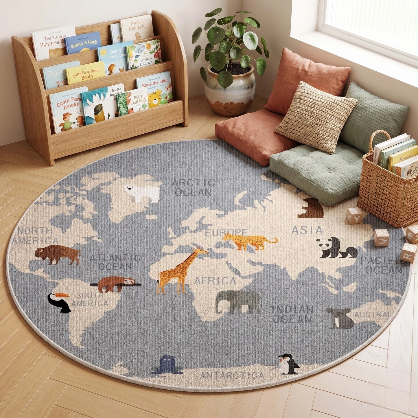 Tapis rond enfant carte du monde animaux gris dans un coin lecture avec bibliothèque enfant, banquette à coussins et panier de livres
