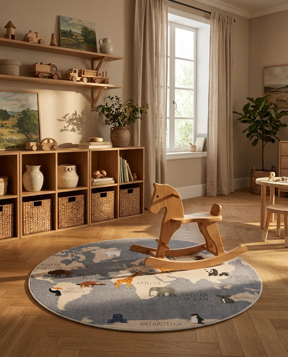 Tapis rond enfant carte du monde animaux gris dans une chambre d'enfant, cheval à bascule posé dessus