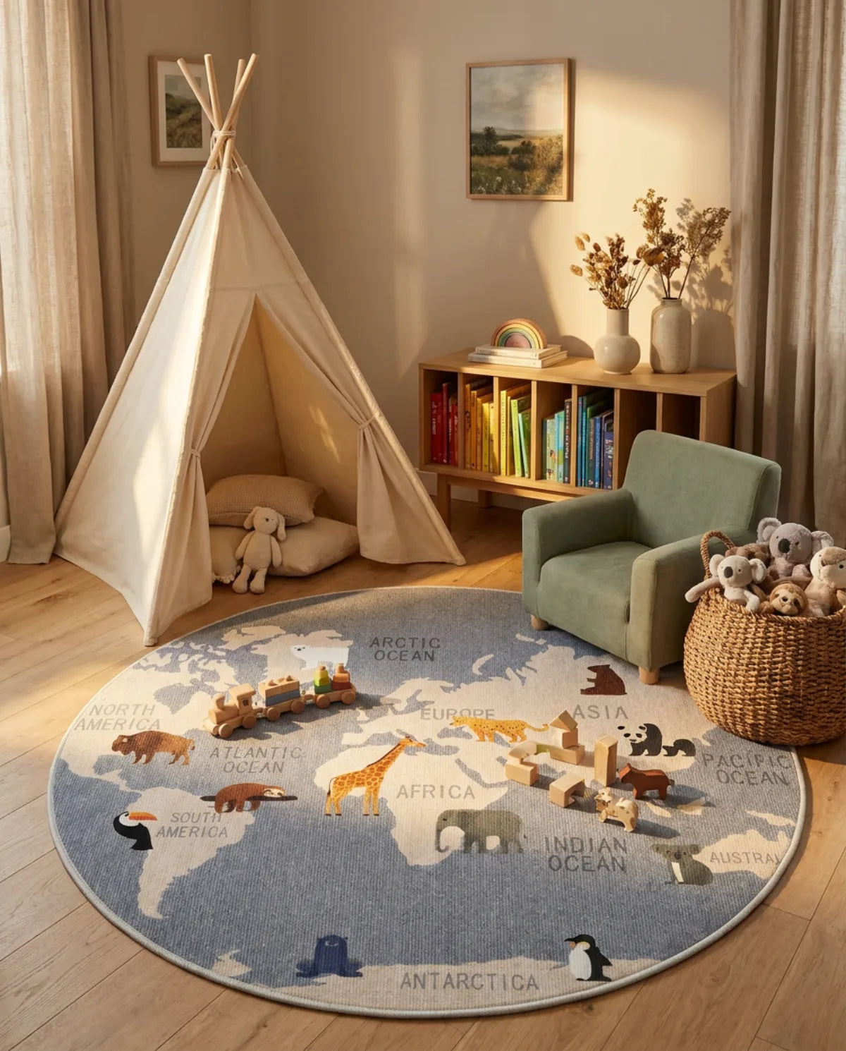 Tapis rond enfant carte du monde animaux gris dans un coin lecture avec tipi et fauteuil enfant