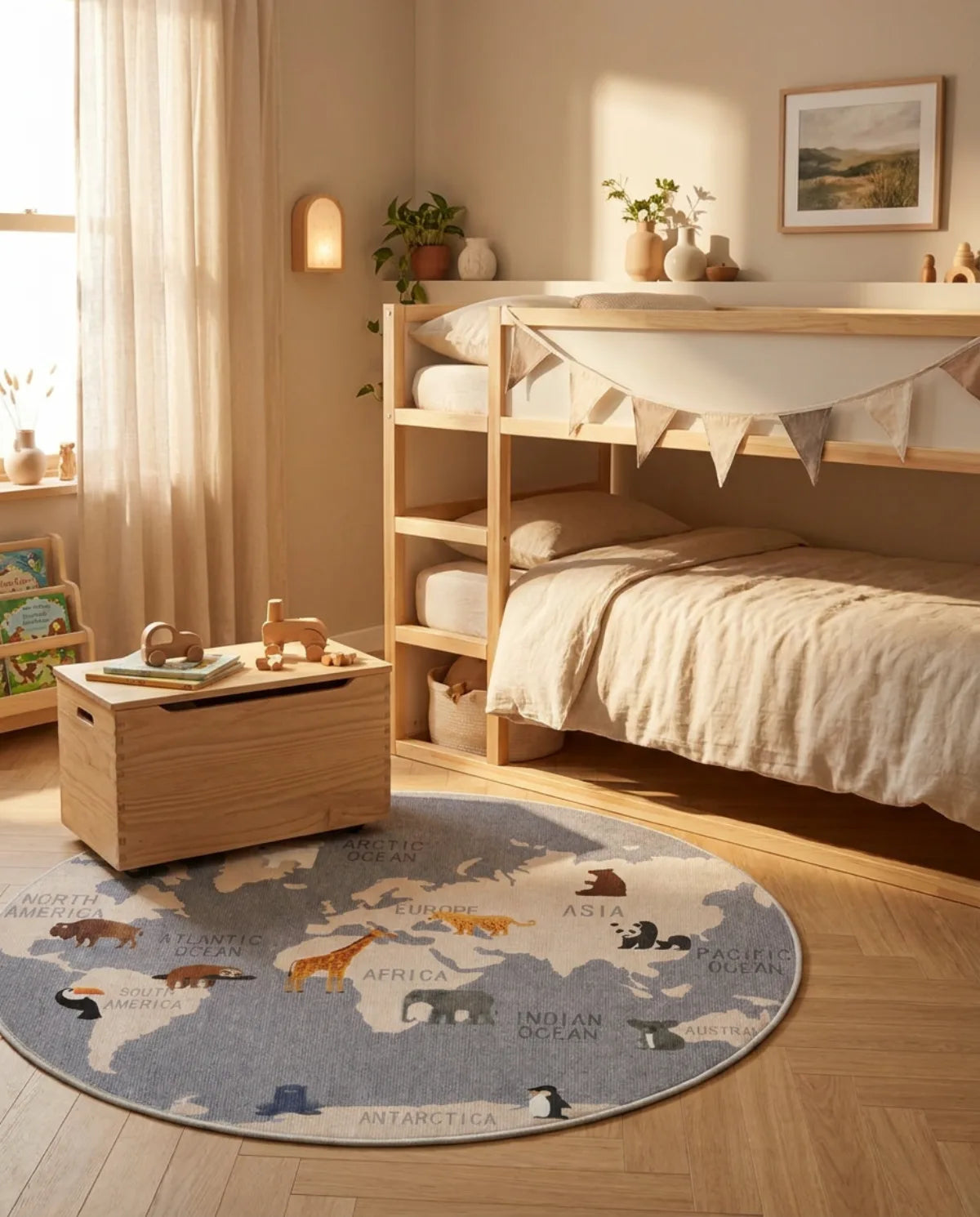 Tapis rond enfant carte du monde animaux gris au pied d'un lit cabane, coffre à jouets posé dessus