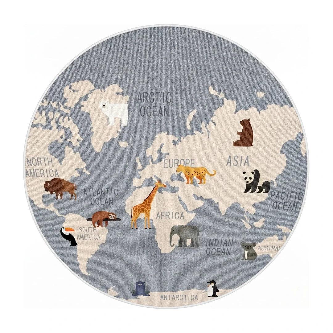 tapis-rond-enfant-carte-monde-animaux-gris, vue de dessus sur fond blanc