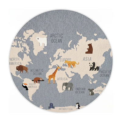 Tapis rond enfant carte du monde animaux gris