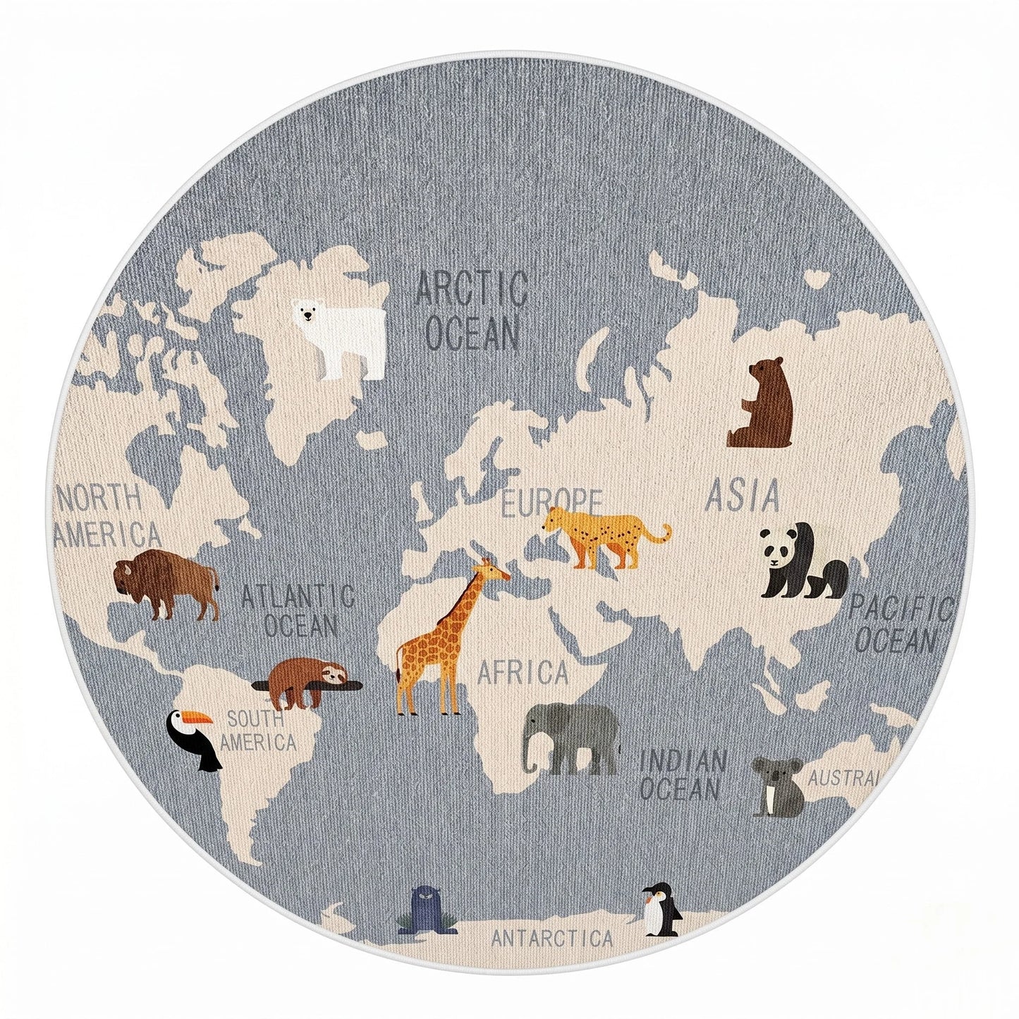 Vue studio du tapis rond enfant carte du monde animaux gris, continents beige sablé avec panda, girafe, éléphant, ours polaire