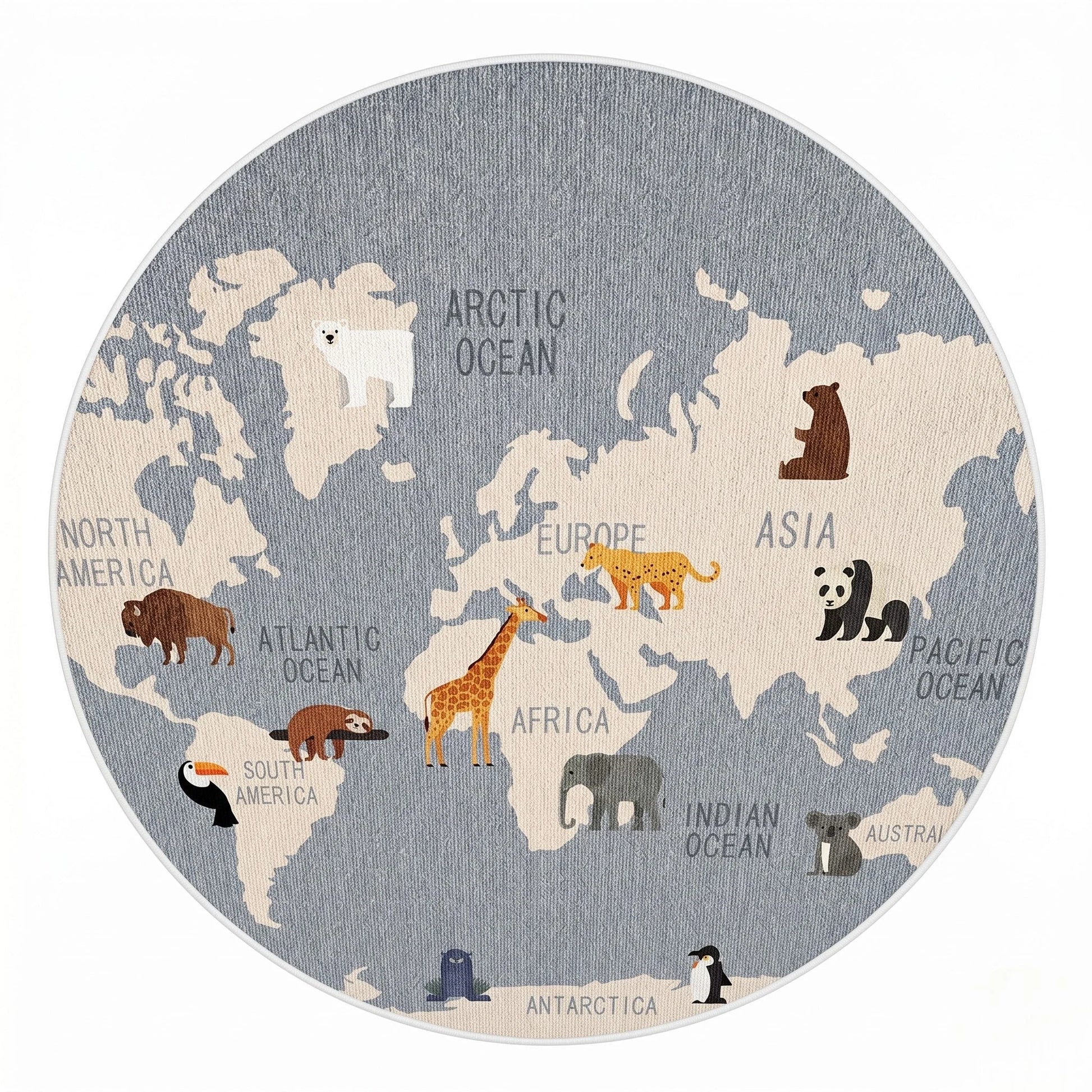 Vue studio du tapis rond enfant carte du monde animaux gris, continents beige sablé avec panda, girafe, éléphant, ours polaire