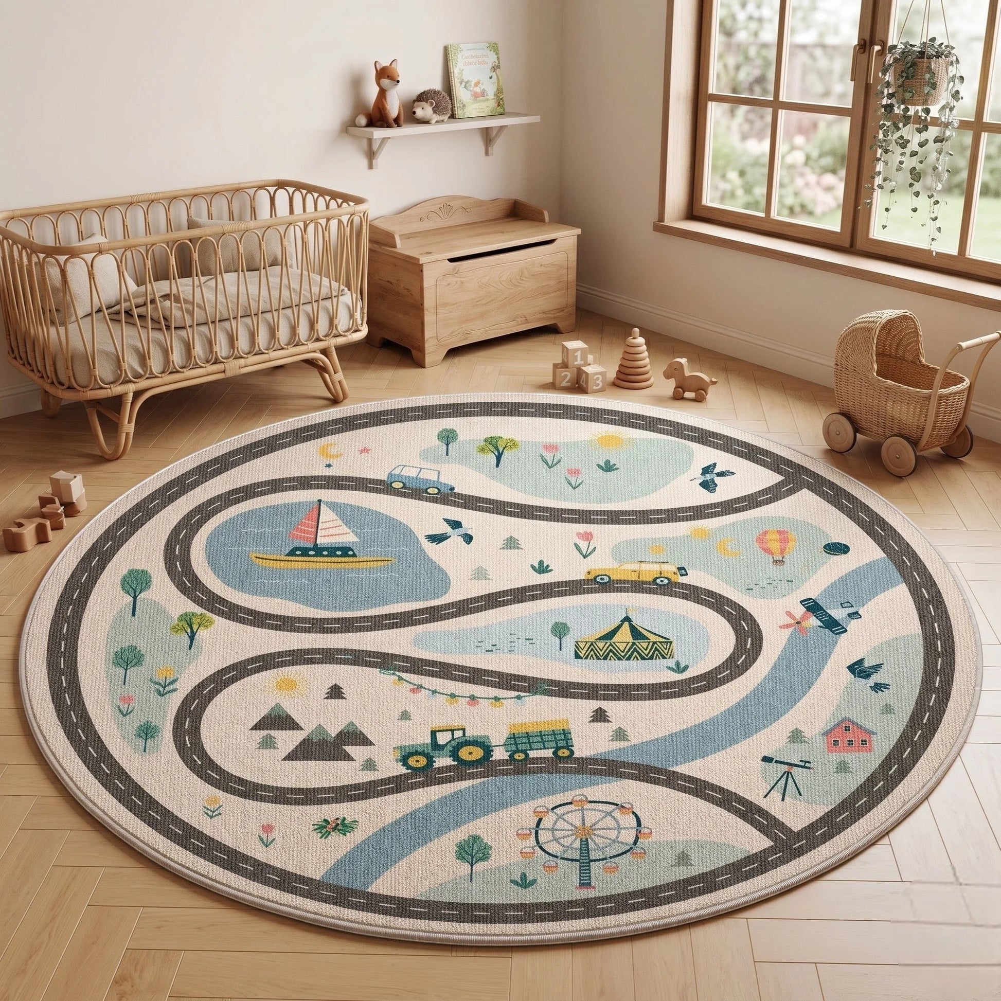 Tapis rond enfant motif circuit aventure dans une chambre bébé avec berceau en rotin et étagère de jouets