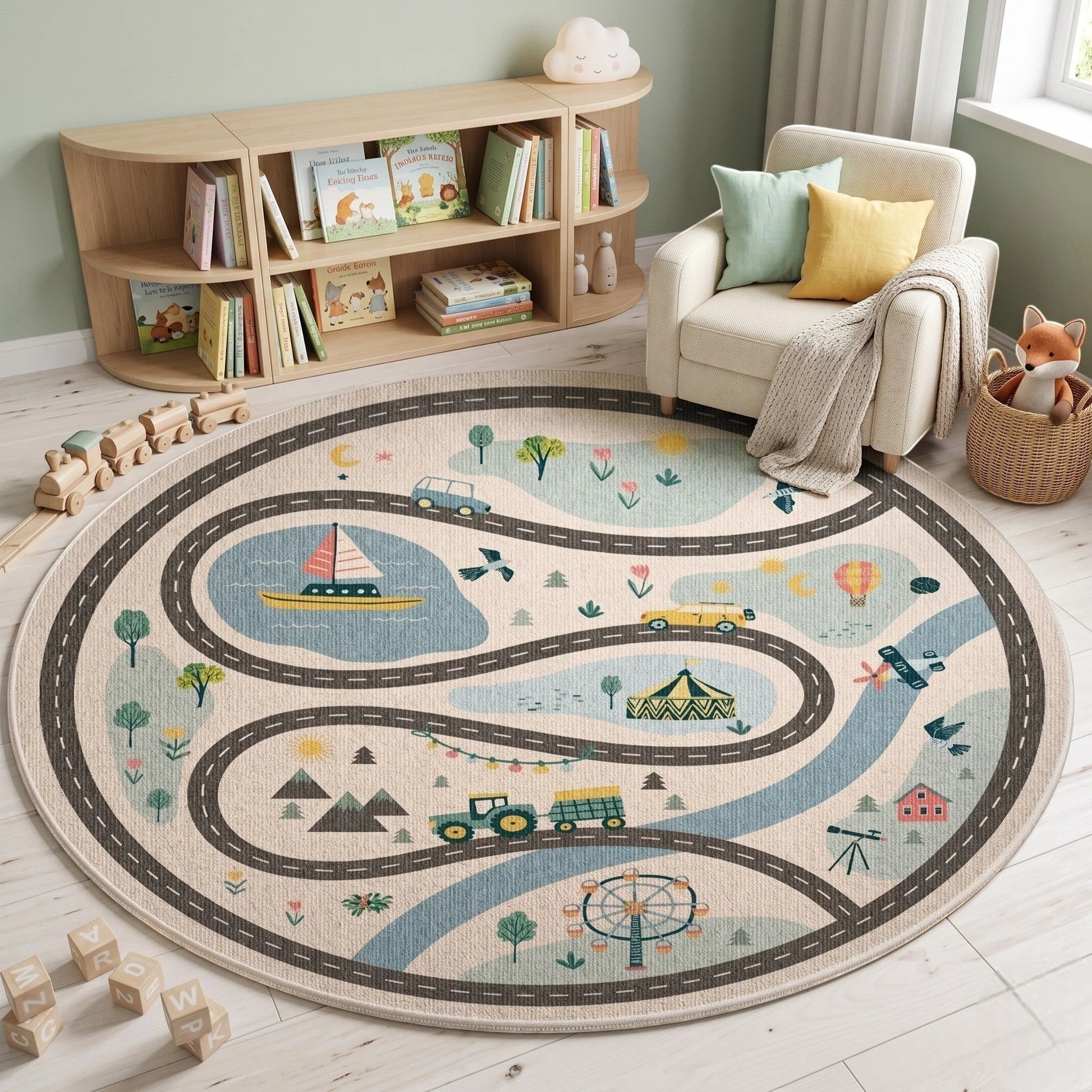 Tapis rond enfant circuit aventure dans un coin lecture avec banc-bibliothèque, fauteuil clair et panier en rotin