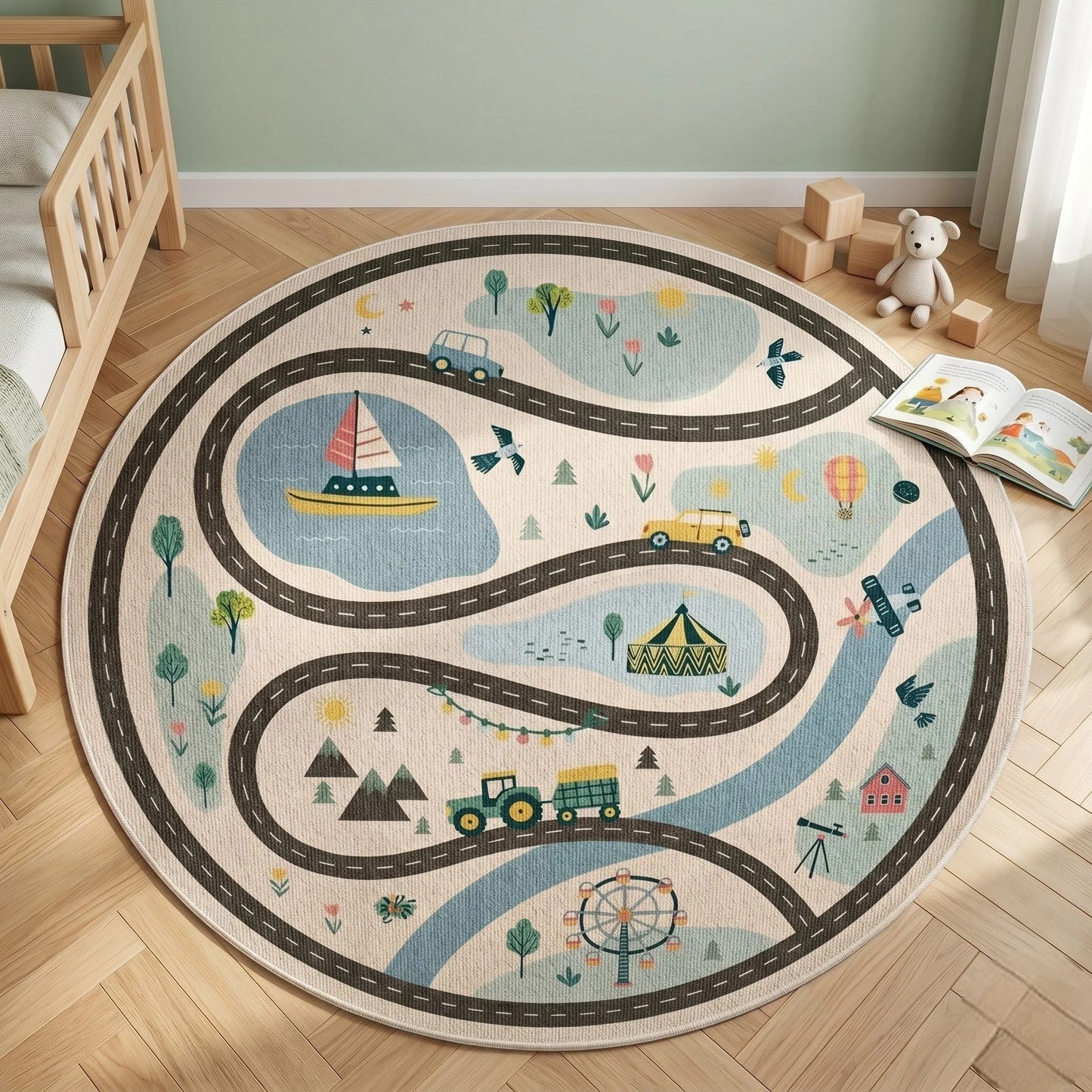 Tapis rond enfant circuit aventure au pied d'un lit blanc avec peluche ours et cubes en bois